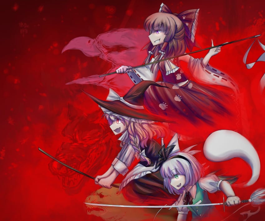 hakurei reimu, kirisame marisa, konpaku youmu, otter spirit, wolf spirit, and 1 more (touhou and 1 more) drawn by there2007