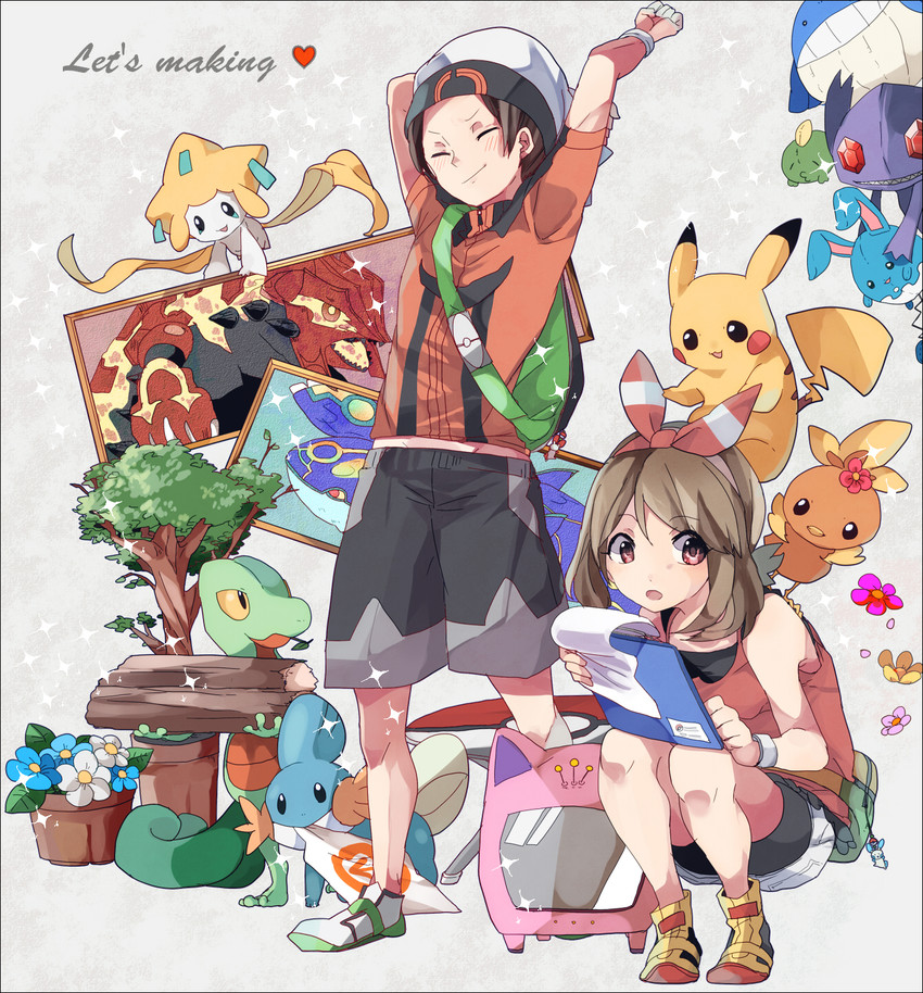 pikachu, may, brendan, jirachi, torchic, and 9 more (pokemon and 1 more) drawn by mari03mo