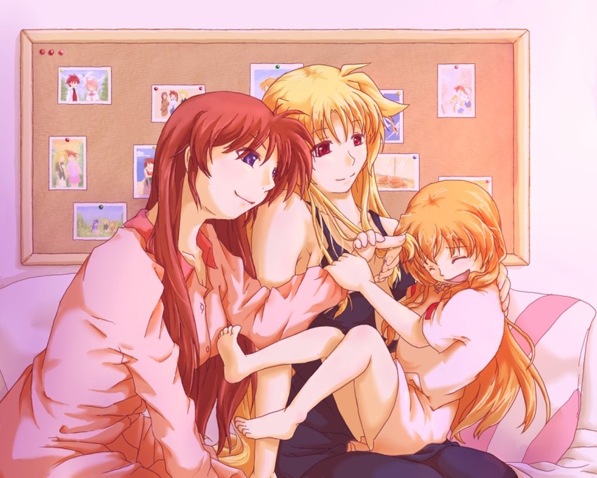 fate testarossa, takamachi nanoha, and vivio (lyrical nanoha and 1 more) drawn by hajiro
