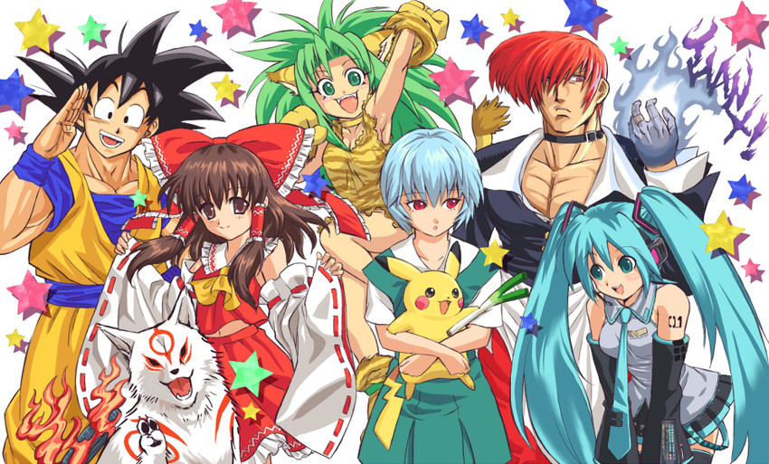 hatsune miku, hakurei reimu, pikachu, ayanami rei, son goku, and 3 more (touhou and 8 more) drawn by stargeyser