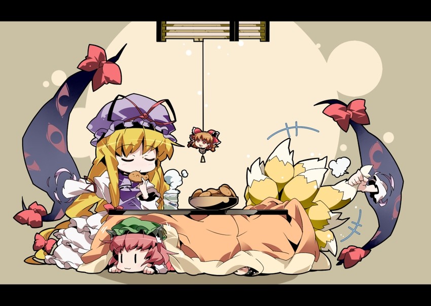 hakurei reimu, yakumo yukari, shameimaru aya, yakumo ran, chen, and 1 more (touhou) drawn by nyuusankin
