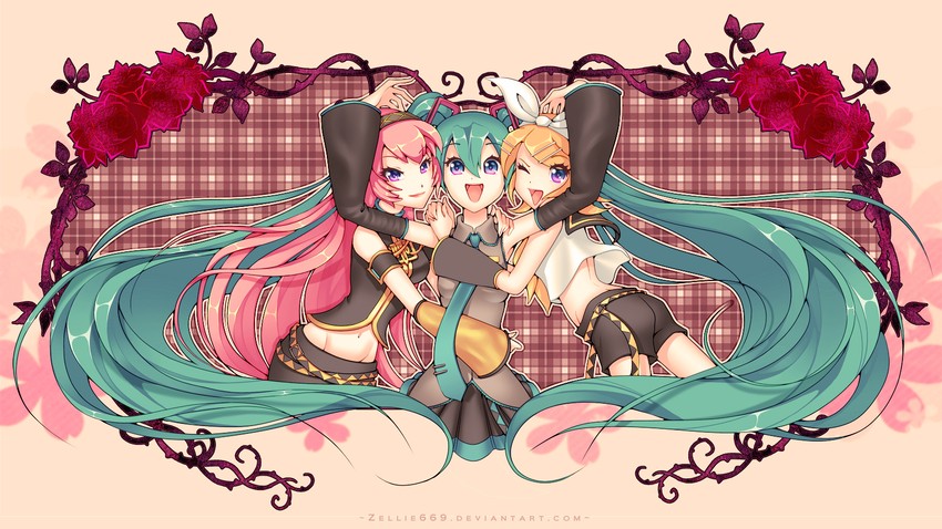 hatsune miku, kagamine rin, and megurine luka (vocaloid) drawn by zellie669