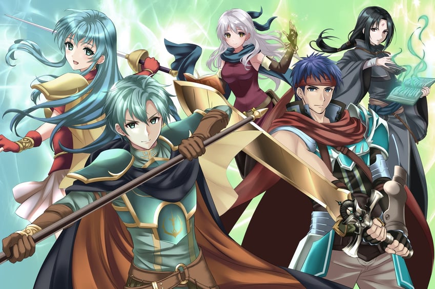 ike, micaiah, eirika, soren, and ephraim (fire emblem and 2 more) drawn by kakiko210