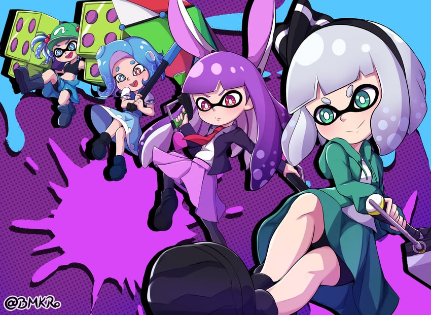 konpaku youmu, reisen udongein inaba, tatara kogasa, kawashiro nitori, inkling player character, and 1 more (touhou and 2 more) drawn by bmkro