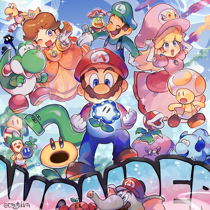 princess peach, mario, luigi, princess daisy, yoshi, and 14 more (mario and 1 more) drawn by hanaon