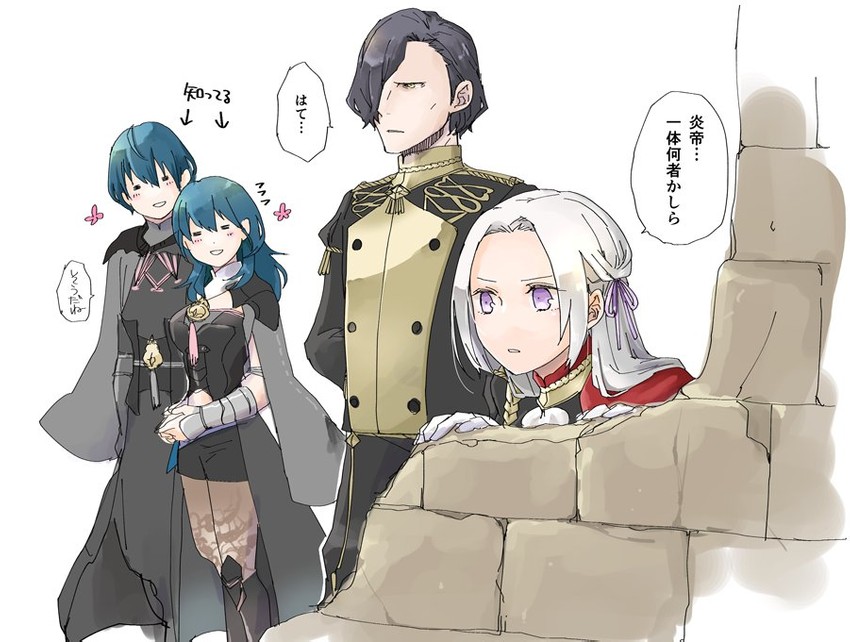 female byleth, edelgard von hresvelg, male byleth, and hubert von vestra (fire emblem and 1 more) drawn by robaco
