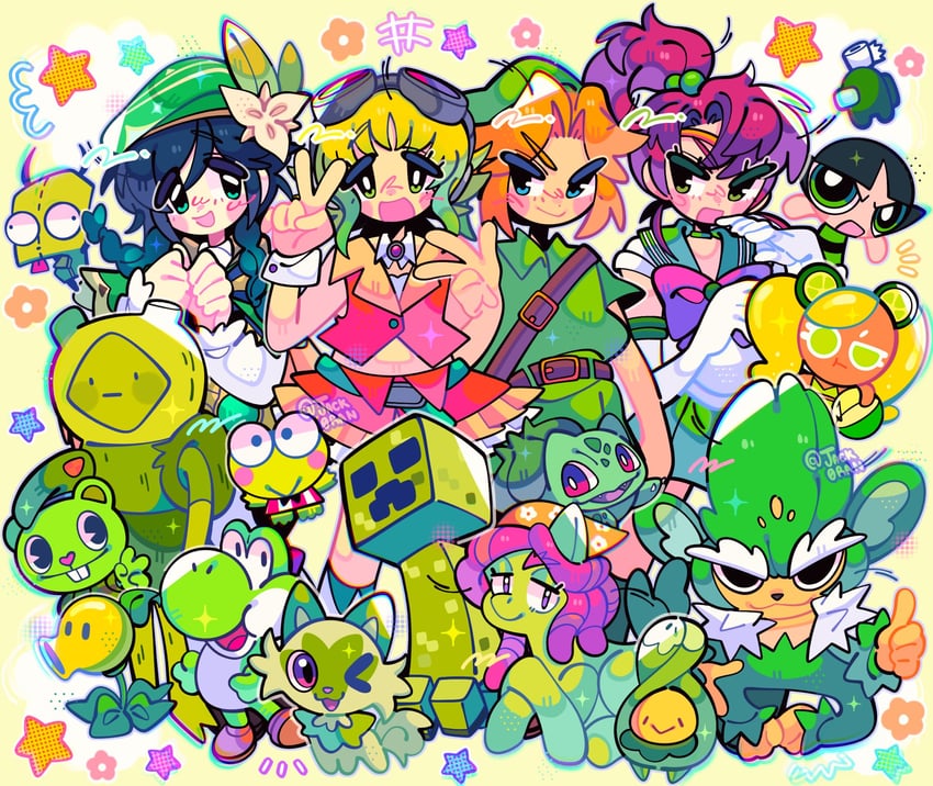 link, venti, gumi, bulbasaur, sprigatito, and 16 more (pokemon and 18 more) drawn by jack0ran