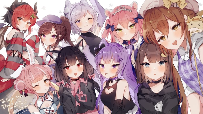 clover shikamori, shinigami anri, katrina, azalea andromeda, miyuna, and 4 more (indie virtual youtuber) drawn by sorani_(kaeru0768)