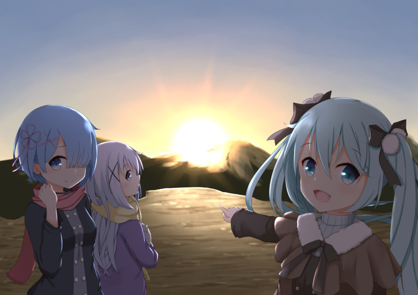 rem, kafuu chino, tippy, noel, and minase inori (re:zero kara hajimeru isekai seikatsu and 2 more) drawn by aoi_thomas