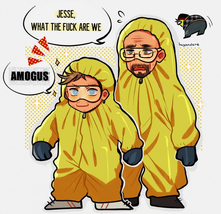 crewmate, yellow, walter white, and jesse pinkman (among us and 1 more) drawn by huyandere