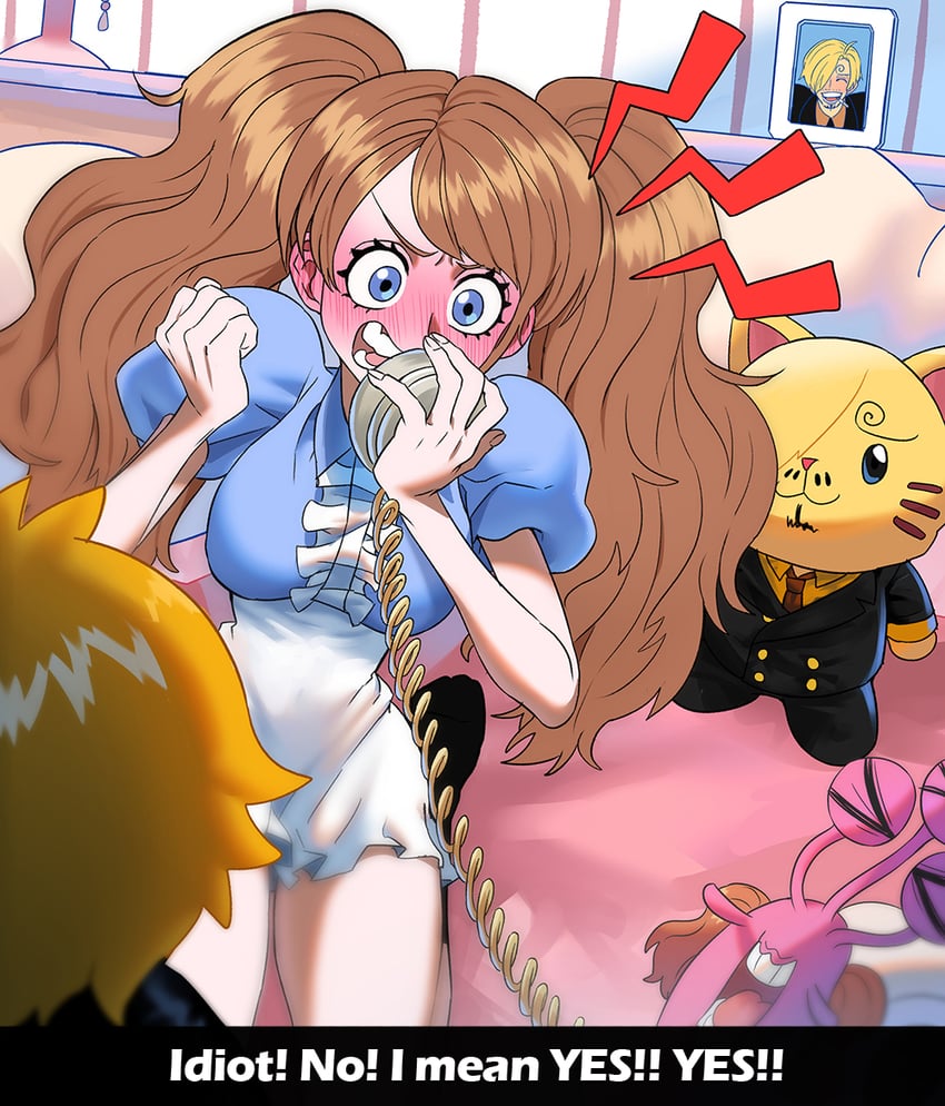 sanji, charlotte pudding, and den den mushi (one piece) drawn by rita_ya