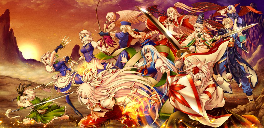 izayoi sakuya, konpaku youmu, fujiwara no mokou, inubashiri momiji, kamishirasawa keine, and 7 more (touhou) drawn by hijikawa_arashi