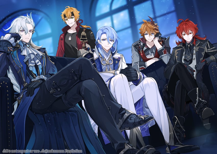 tartaglia, diluc, neuvillette, kamisato ayato, and thoma (genshin impact) drawn by hiki_yuichi
