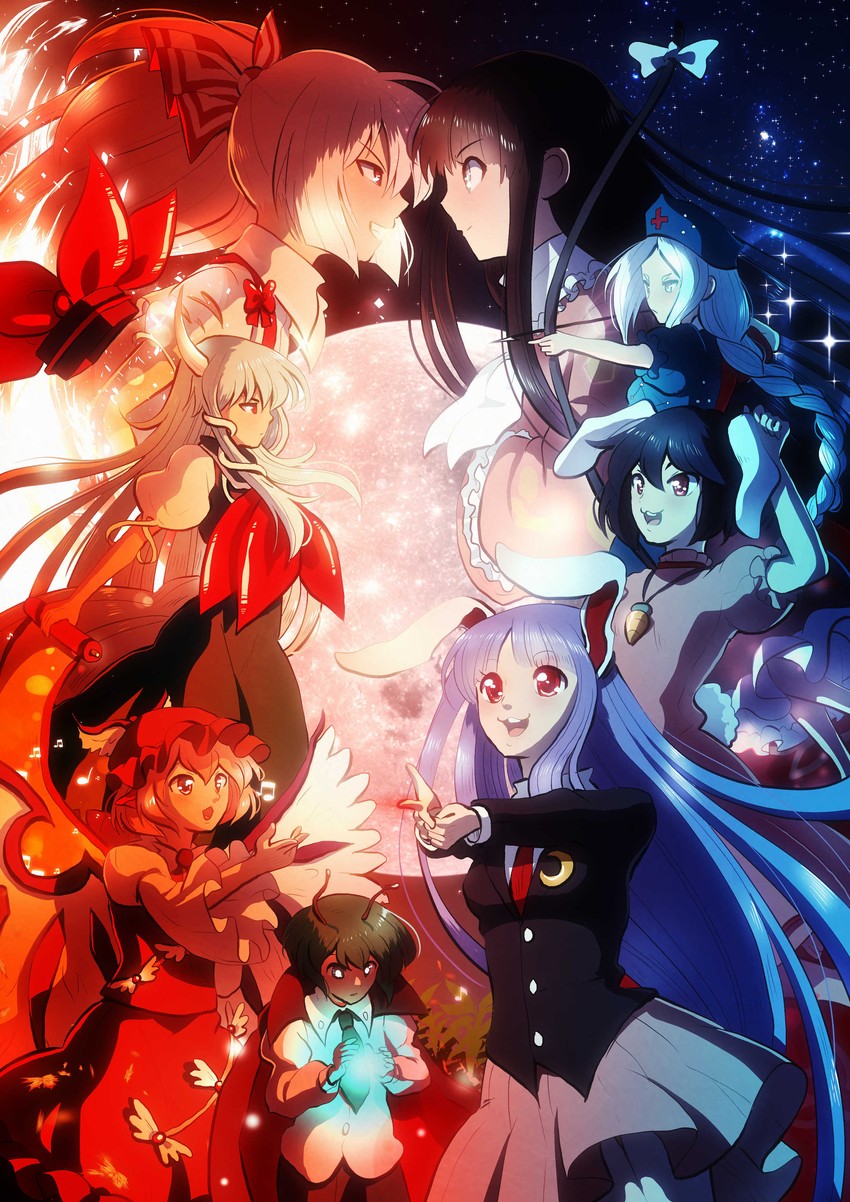 reisen udongein inaba, fujiwara no mokou, kamishirasawa keine, houraisan kaguya, mystia lorelei, and 4 more (touhou and 1 more) drawn by velkia