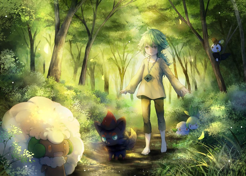 eevee, n, zorua, emolga, whimsicott, and 2 more (pokemon and 1 more) drawn by mio_(mio84214)