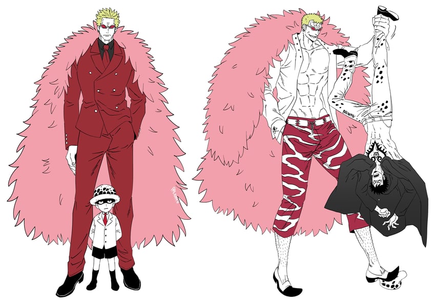 trafalgar law and donquixote doflamingo (one piece) drawn by balnom