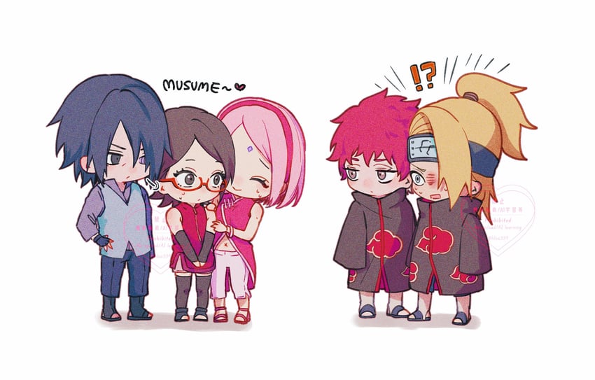 haruno sakura, uchiha sasuke, uchiha sarada, deidara, and sasori (naruto and 2 more) drawn by suzu_(tg_390)
