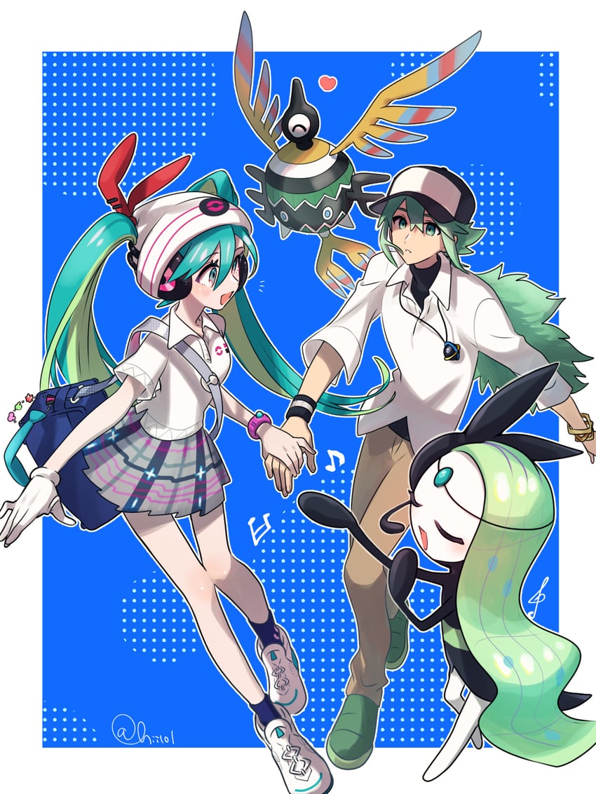 hatsune miku, n, meloetta, psychic miku, and sigilyph (pokemon and 3 more) drawn by hii_(hii101)
