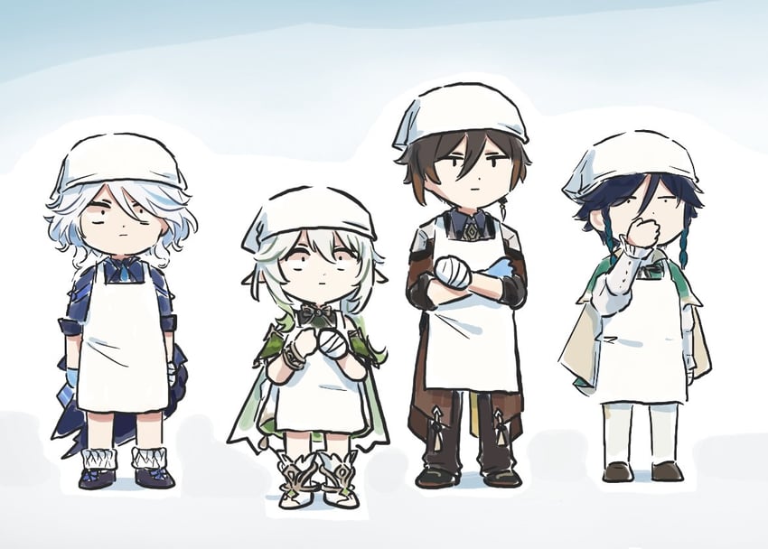 furina, nahida, zhongli, and venti (genshin impact) drawn by xinzoruo