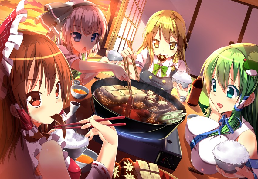 hakurei reimu, kirisame marisa, kochiya sanae, and konpaku youmu (touhou) drawn by tokyo_yamane