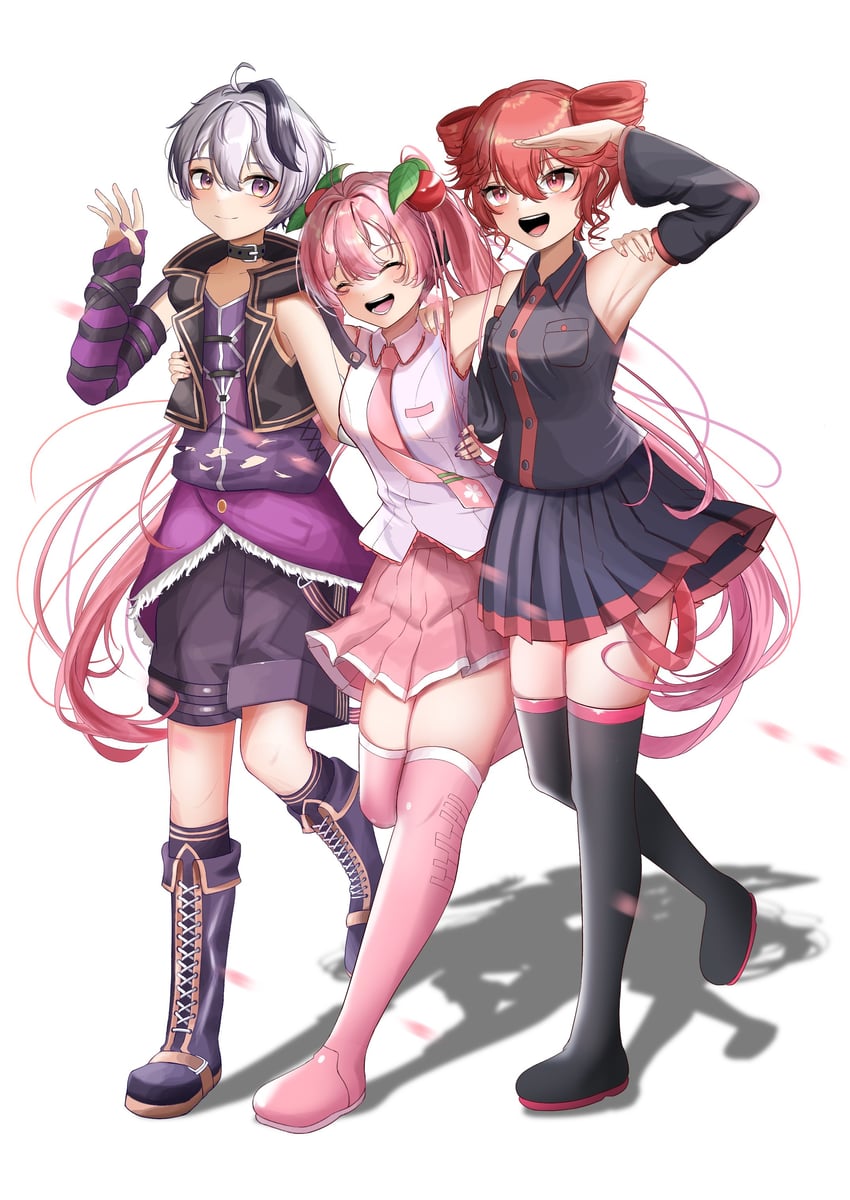 hatsune miku, kasane teto, sakura miku, and flower (vocaloid and 1 more) drawn by nishi_snails