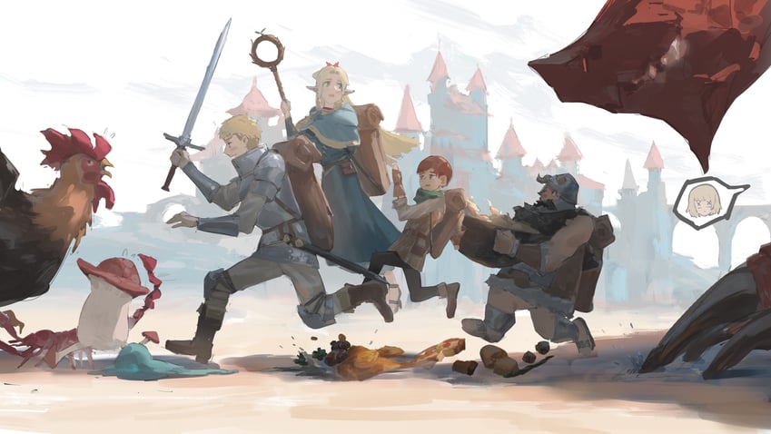marcille donato, falin touden, laios touden, senshi, chilchuck tims, and 1 more (dungeon meshi) drawn by zygocactus