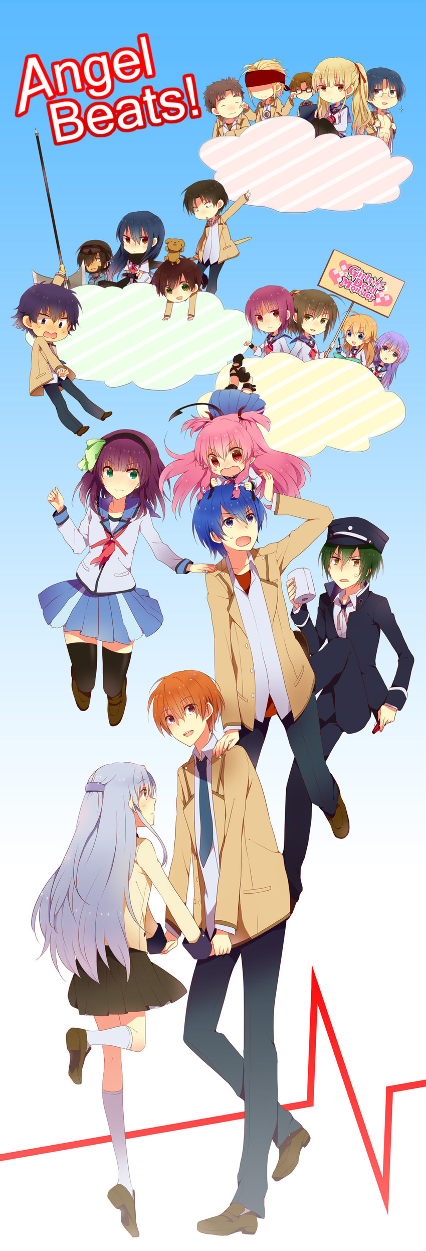 tachibana kanade, nakamura yuri, yui, hinata hideki, otonashi yuzuru, and 15 more (angel beats!) drawn by tayako