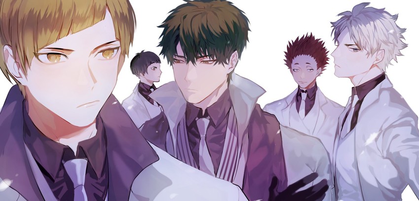 ushijima wakatoshi, tendou satori, goshiki tsutomu, shirabu kenjirou, and semi eita (haikyuu!!) drawn by mgmg_1012