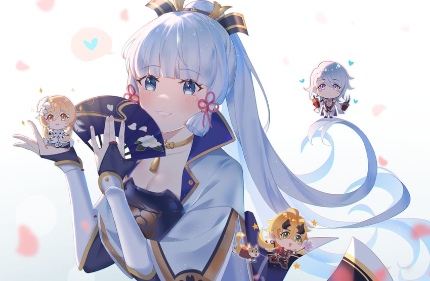 lumine, kamisato ayaka, kamisato ayato, and taroumaru (genshin impact) drawn by yaner_10