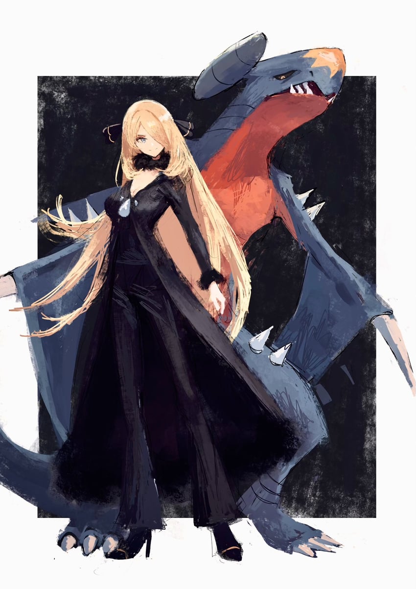 cynthia and garchomp (pokemon and 1 more) drawn by fuyumurasaki