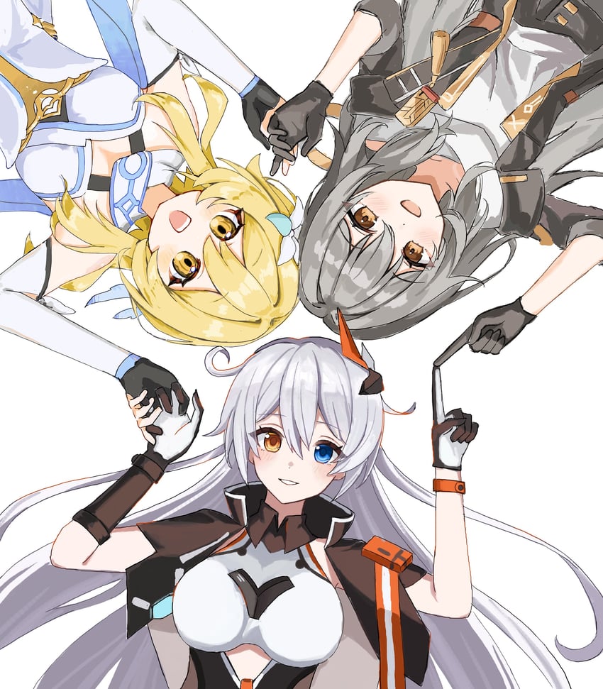 lumine, trailblazer, stelle, and kiana kaslana (genshin impact and 4 more) drawn by qing231