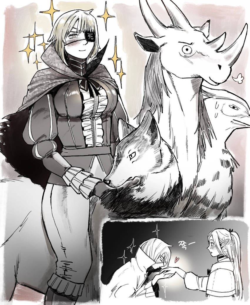 marcille donato, falin touden, succubus, and laios' ideal chimera (dungeon meshi) drawn by co1fee