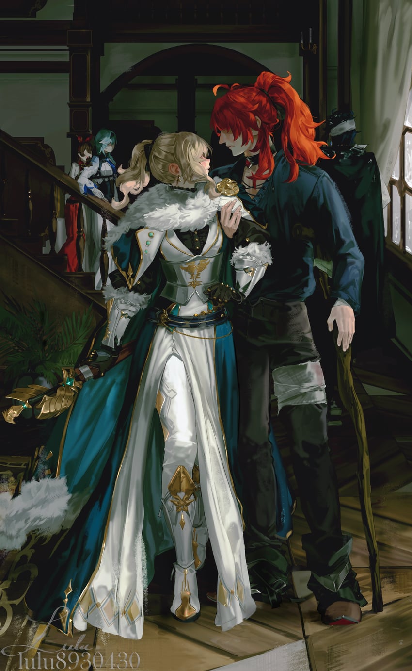 eula, jean, diluc, amber, and kaeya (genshin impact) drawn by lluluchwan
