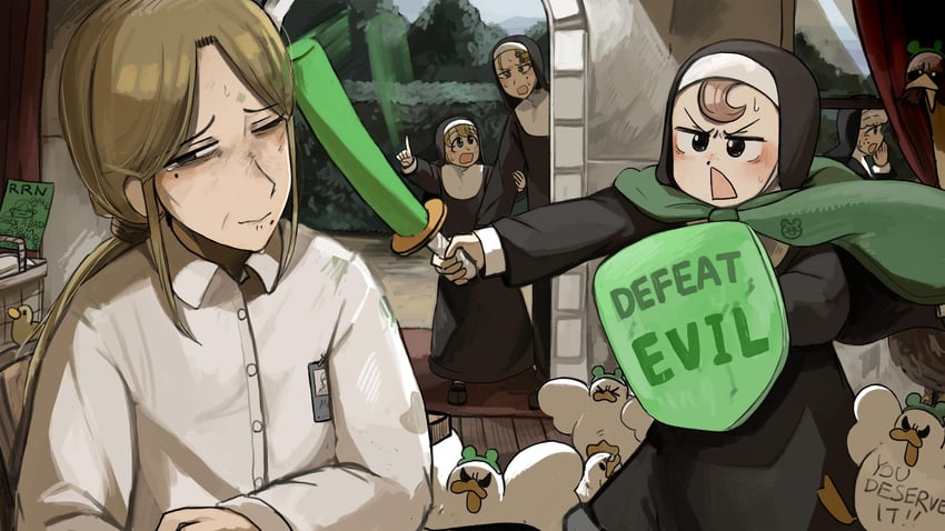 clumsy nun, froggy nun, strict nun, sheep nun, and strict nun's mother (little nuns) drawn by diva_(hyxpk)