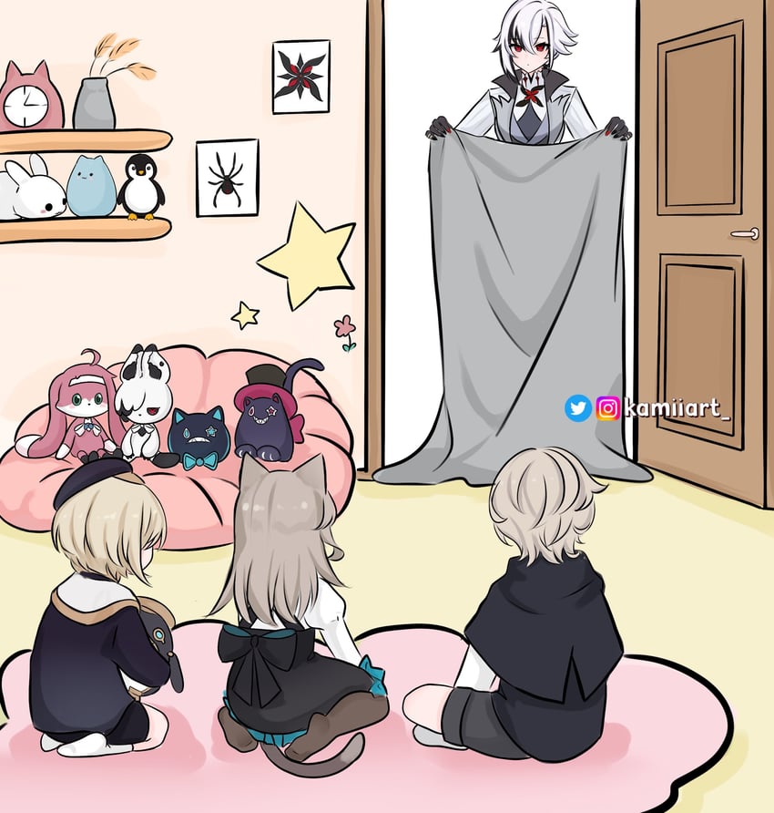 arlecchino, lynette, lyney, freminet, and rosseland (genshin impact) drawn by kamiiart