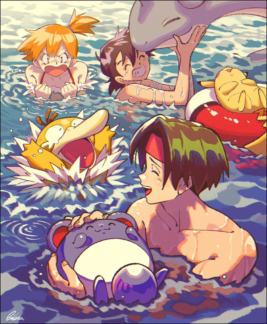 pikachu, ash ketchum, misty, psyduck, lapras, and 2 more (pokemon) drawn by kwsby_124