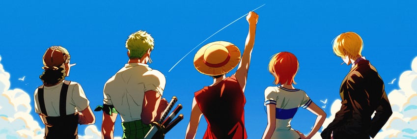 nami, monkey d. luffy, roronoa zoro, sanji, and usopp (one piece) drawn by oophytoncideoo