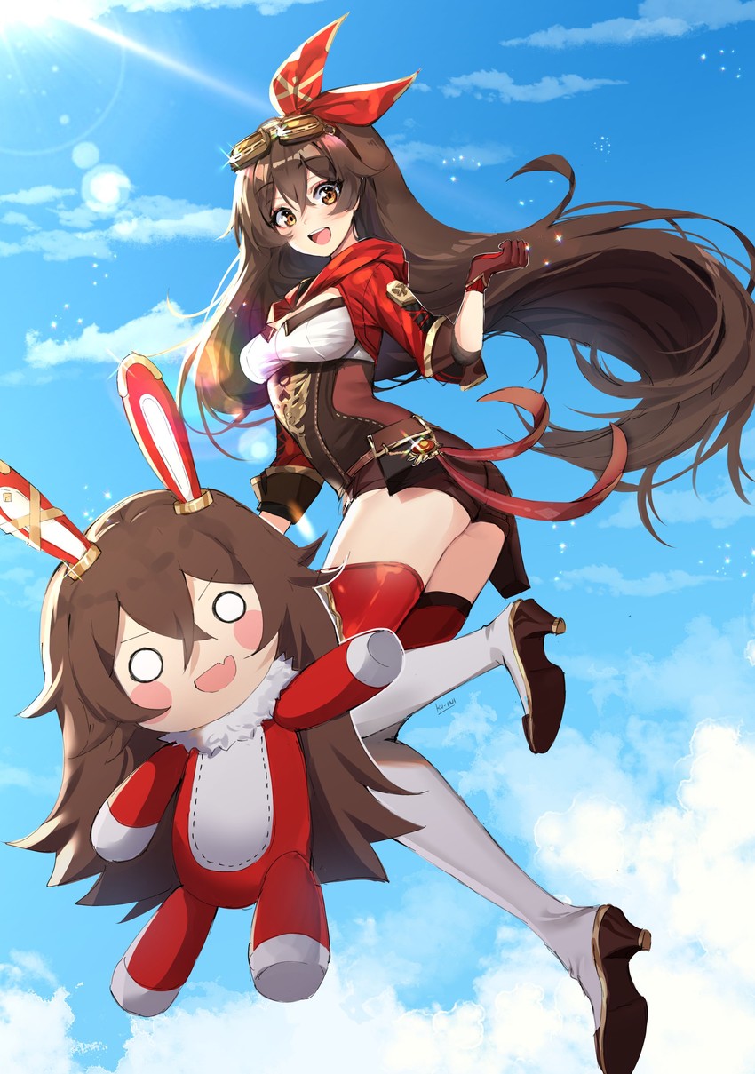 amber and baron bunny (genshin impact) drawn by ku-ini
