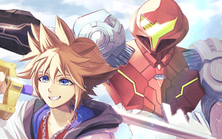 samus aran and sora (super smash bros. and 4 more) drawn by jin_(funaki_gen)