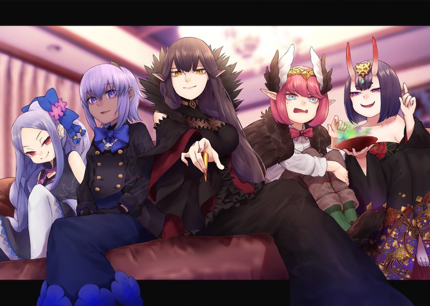 shuten douji, hassan of serenity, wu zetian, semiramis, and circe (fate and 1 more) drawn by yuurei447