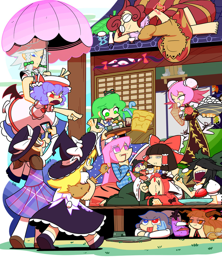 hakurei reimu, kirisame marisa, remilia scarlet, izayoi sakuya, kochiya sanae, and 12 more (touhou) drawn by kuchibashi_(9180)