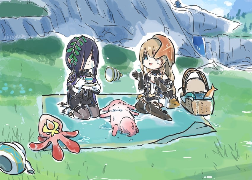yae miko, clorinde, navia, and ball octopus (genshin impact) drawn by xinzoruo
