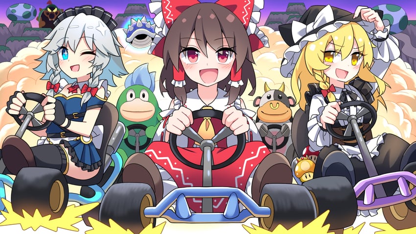 hakurei reimu, kirisame marisa, izayoi sakuya, bowser, moo moo, and 1 more (touhou and 4 more) drawn by e.o.