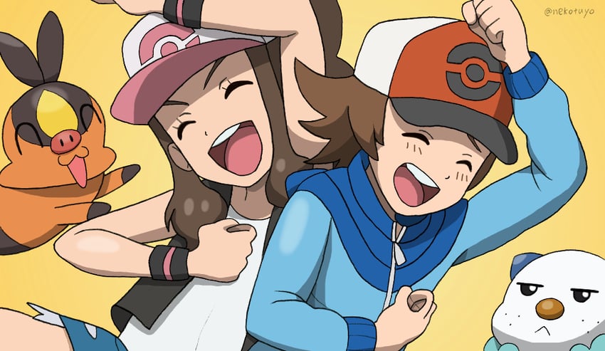 hilda, hilbert, oshawott, and tepig (pokemon and 2 more) drawn by mao_yang_yi