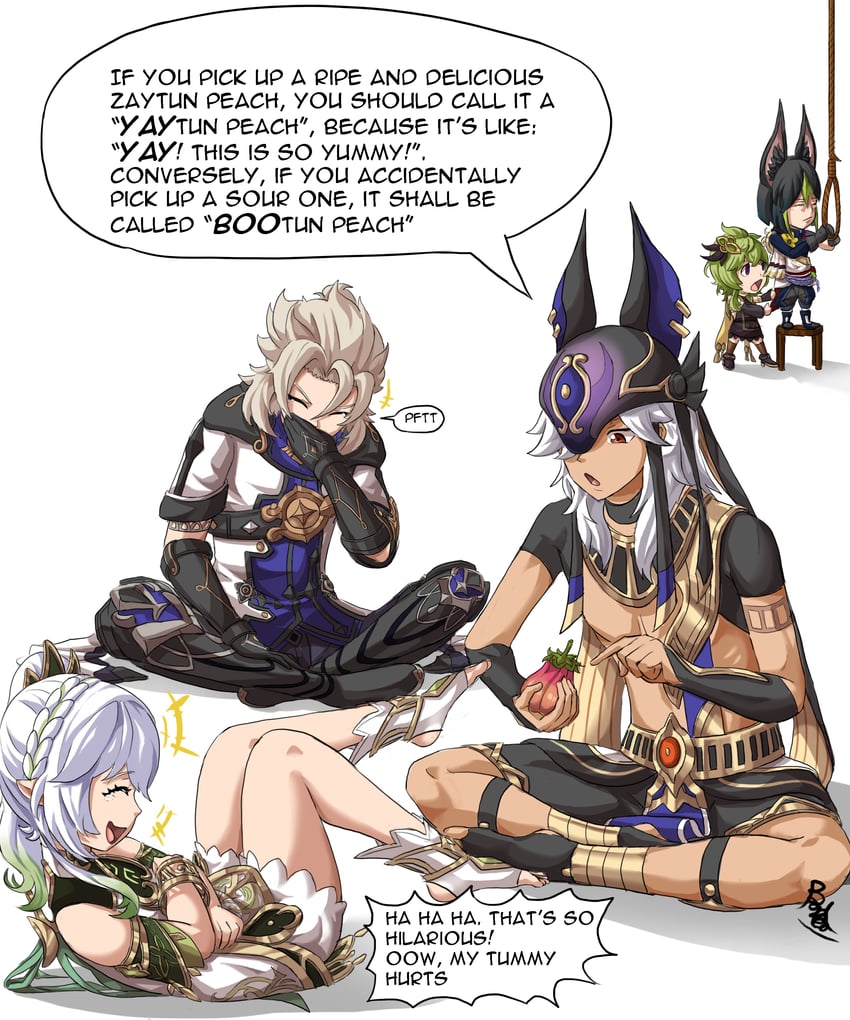 nahida, tighnari, albedo, cyno, and collei (genshin impact) drawn by buhbuhbored