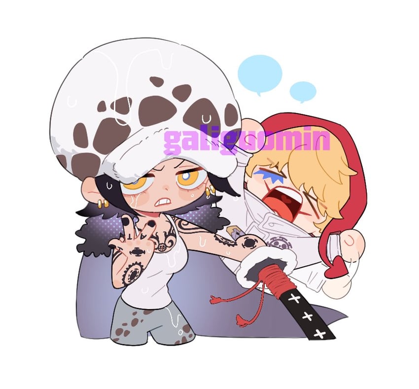 trafalgar law, donquixote rocinante, and law-chan (one piece) drawn by galiguomin