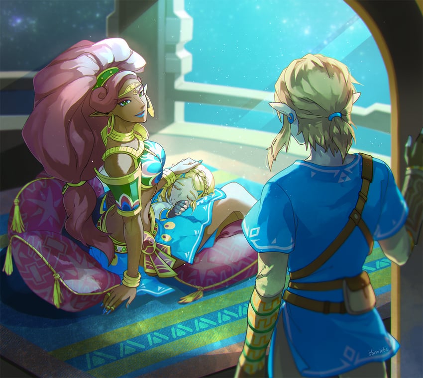 link, princess zelda, and urbosa (the legend of zelda and 1 more) drawn by shiroi_(shiroicbe)