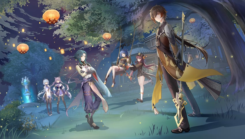 ganyu, hu tao, zhongli, keqing, xiao, and 1 more (genshin impact) drawn by morimori_(14292311)