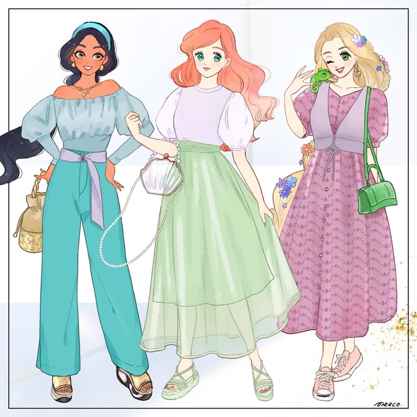 ariel, rapunzel, jasmine, and pascal (disney and 4 more) drawn by meecosme