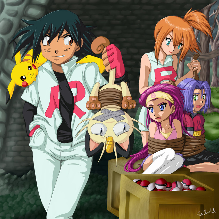 pikachu, ash ketchum, misty, jessie, james, and 1 more (pokemon) drawn by shaami
